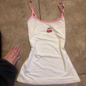 Kawaii White Camisole with Pink Trim and Cherry Embroidery